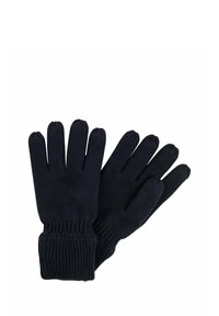 Strickhandschuhe in dunkelblau mit geripptem Bündchen und Fünf-Finger-Design. Hergestellt aus weichem Stoff mit glatter Oberfläche.