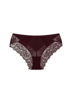 Burgundy lace panties featuring a floral pattern, scalloped edges, and a contrasting solid central panel for added texture and design detail.