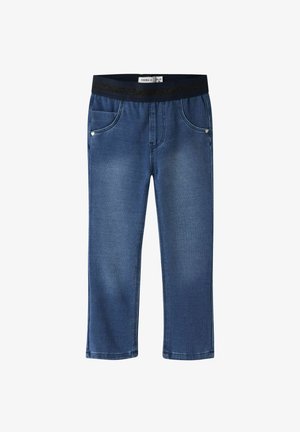 Pantalons en denim avec une teinture bleu foncé, taille élastique et poches avant. Le tissu a une texture lisse avec de légers détails de décoloration.
