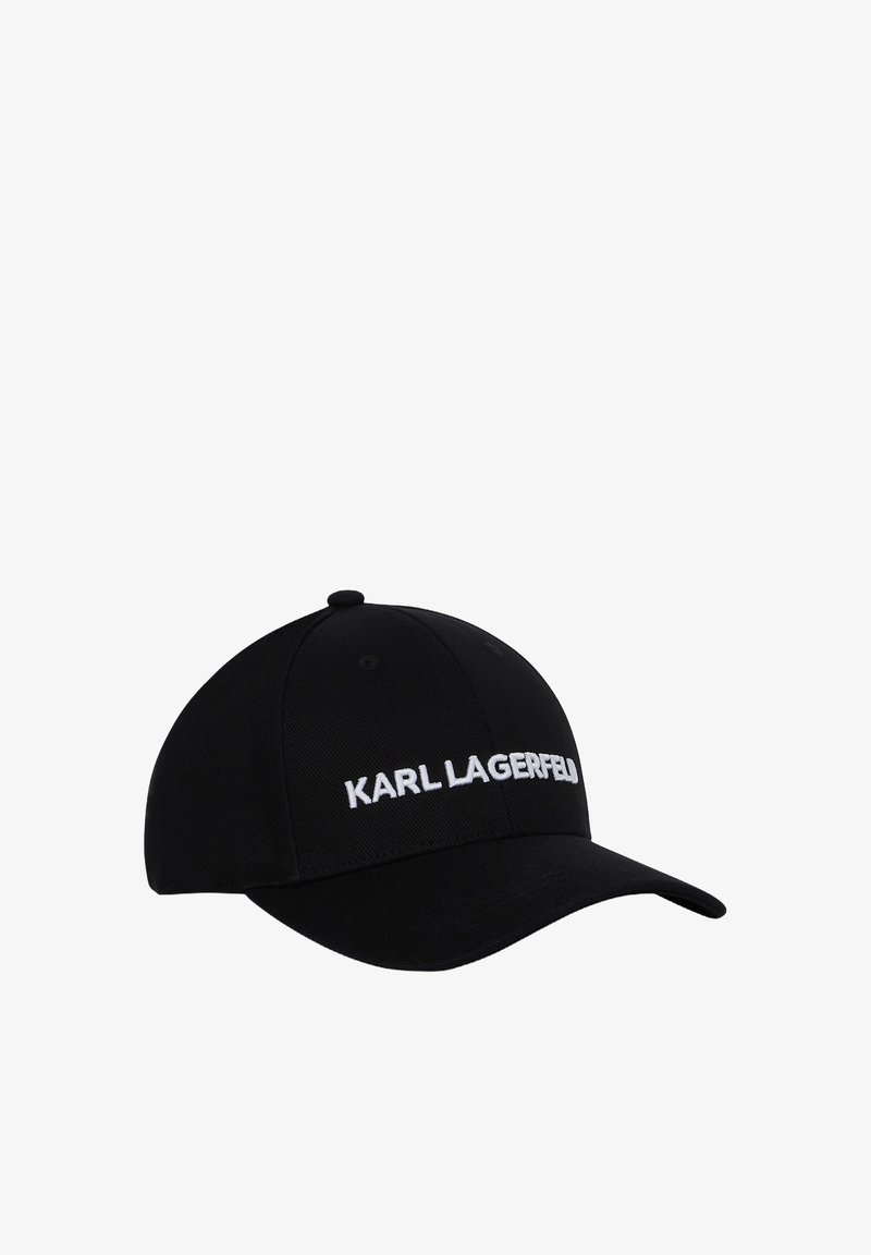 Crna bejzbol kapa od pamučne tkanine s izvezenim logotipom "KARL LAGERFELD" u bijeloj boji na prednjoj strani. Strukturirani dizajn s vizorom.