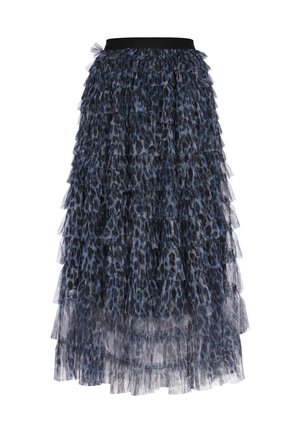 Skórzana spódnica midi o warstwach w kolorze granatowym i czarnym, z nadrukiem w panterę, z czarnym pasem i warstwowym designem falbanek.