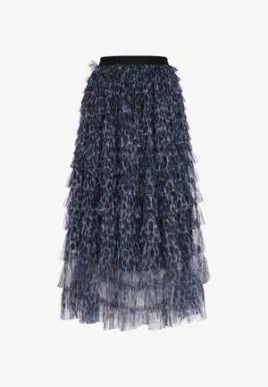 Skórzana spódnica midi o warstwach w kolorze granatowym i czarnym, z nadrukiem w panterę, z czarnym pasem i warstwowym designem falbanek.