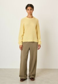 Rumena puhasta pulover s dolgimi rokavi in okroglo ovratnikom. V kombinaciji z ohlapnimi, teksturiranimi olivno zelenimi hlačami in rjavimi čevlji.