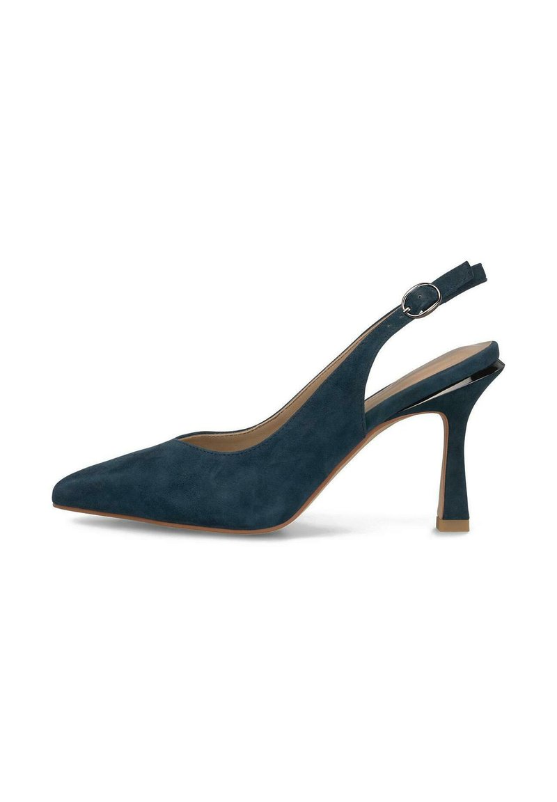 Tacco slingback in suede blu navy con punta affusolata, tacco alto snello e cinturino regolabile alla caviglia con fibbia argentata.