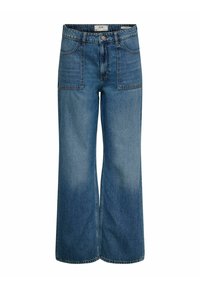 Jeans a gamba larga in denim azzurro chiaro con vita alta, tasche anteriori e leggere sfumature sulle gambe. Design classico a cinque tasche.