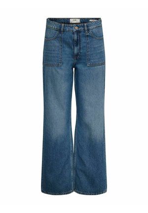 Lichtblauwe denim wijde jeans met een hoge taille, voorzakken en subtiele vervaging op de benen. Klassiek vijf-pocket ontwerp.