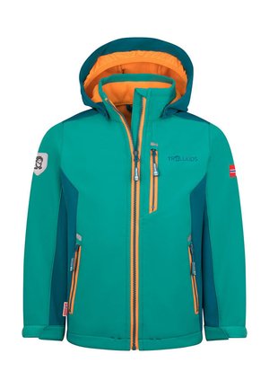 Kinderjacke in Türkis und Orange mit Kapuze, vorderem Reißverschluss, drei Reißverschlusstaschen und Logopatches an den Ärmeln.
