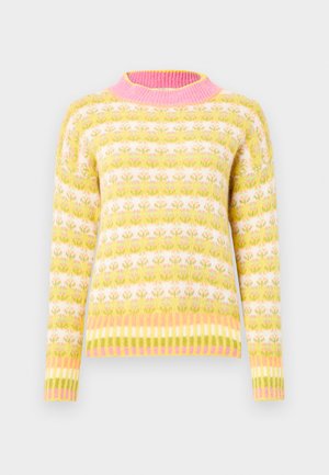 Kötött pulóver napraforgósárga alappal, fehér csíkos virágmintákkal. Rózsaszín bordázott nyakkivágás és alsó szegély csíkmintával.