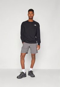 Black sweatshirt with logo, gray shorts, and black athletic shoes. Model stands against a plain background, showcasing casual activewear.