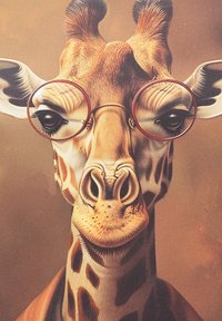 Giraffe met grote ronde rode brillen, met een gestructureerde bruin en crèmekleurige patroonvacht, en een gladde, verlengde nek tegen een zachte, gedempte achtergrond.