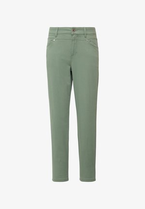 Jasnozielone spodnie o slim fit, wykonane z gładkiej bawełny. Posiadają pięć kieszeni, zapięcie na guzik oraz subtelne detale w szwie.