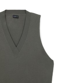 Maglione verde senza maniche con profonda scollatura a V. Realizzato in materiale liscio e leggero con un design semplice e pulito. Etichetta: CALLIOPE XS/S.