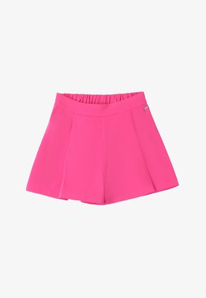 Shorts plissés taille haute rose vif avec ceinture élastique à l'arrière et petit logo en forme de cœur sur le côté.