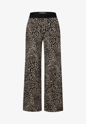 Pantalons à jambes larges avec un motif léopard. Fabriqués en tissu doux, ils présentent une taille élastique noire et un fond beige avec des accents noirs.