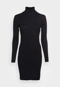 Robe à col roulé noire côtelée avec manches longues, dotée d'une silhouette ajustée et de fils subtilement scintillants tout au long.