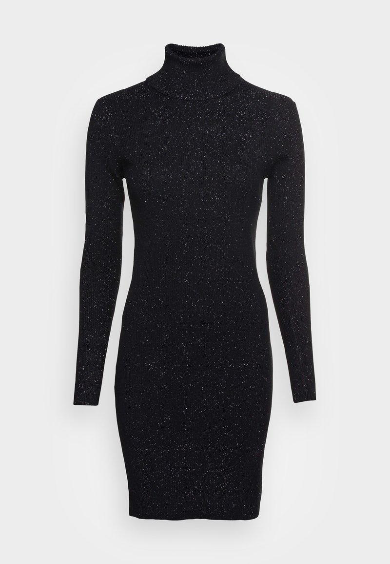 Robe à col roulé noire côtelée avec manches longues, dotée d'une silhouette ajustée et de fils subtilement scintillants tout au long.