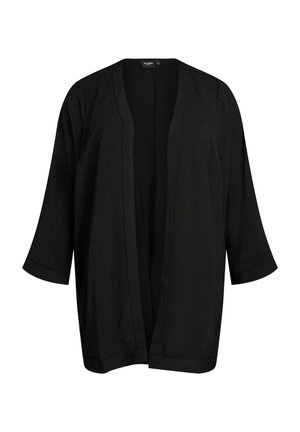 Zwarte openvallende cardigan met driekwartmouwen en een ontspannen pasvorm, gemaakt van lichtgewicht, gestructureerde stof.