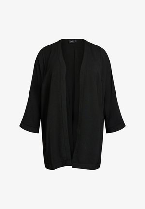 Cárdigan negro abierto al frente con mangas tres cuartos y un ajuste holgado, hecho de tela ligera y texturizada.