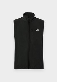 Vest din fleece negru cu guler înalt și închidere cu fermoar pe față. Dispune de un mic buzunar cu fermoar și un logo alb Nike în partea stângă sus.