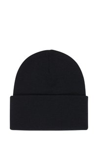Berretto lavorato a maglia nero con risvolto, caratterizzato da una texture liscia e una cima arrotondata. Design semplice, senza motivi o decorazioni visibili.