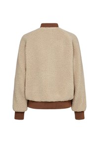 Veste en sherpa beige avec col, poignets et taille côtelés marron, vue de dos sur fond blanc.