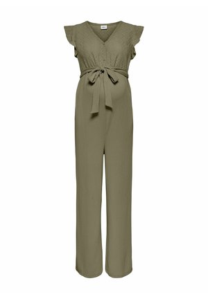 Olívazöld kismamaruha, lyukacsos csipkefelsőrésszel, rövid ujjakkal, V-nyakkivágással, megkötő derékpánttal és széles szárú, texturált anyagból készült nadrággal.