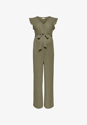 Olivengrøn graviditetsheldragt med øjenvipplace top, kortærmer, V-hals, bindebælte i taljen og bukser i bredben med tekstureret stof.