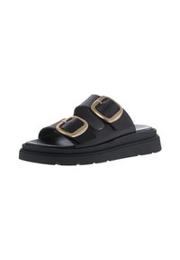 Sorte skinnsandaler laget av glatt skinn med to brede reimer med gullspenner, en teksturert såle og en kraftig svart plattformfotseng.