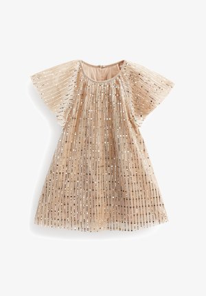 Goldfarbenes Paillettenkleid mit ausgestellten Ärmeln, verziert mit einem strukturierten, gestreiften Muster und verstreuten Glitzerelementen. Weicher Stoff, knielanges Design.