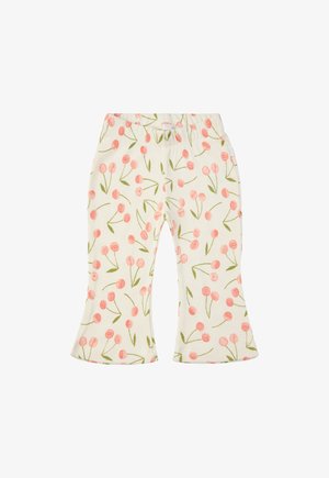 Ribbet stofbukser med en lys creme baggrund og et mønster af lyserøde kirseblomster, der har en flared kant og en elastisk talje.