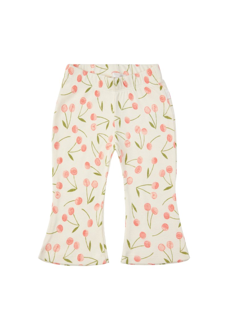 Pantalons en tissu côtelé avec un fond crème clair et un motif de fleurs de cerisier roses, présentant un ourlet évasé et une taille élastique.