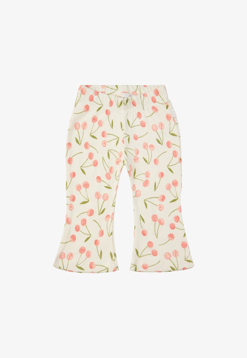 Gestreepte stofbroek met een licht crèmekleurige achtergrond en een roze kersenbloesem patroon, met een uitlopende zoom en een elastische tailleband.