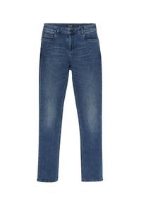 Niebieskie dżinsy o prostym kroju nogawki, z klasycznym pięciopieczęciowym wzorem i delikatnym wyblaknięciem z przodu dla nadania faktury.