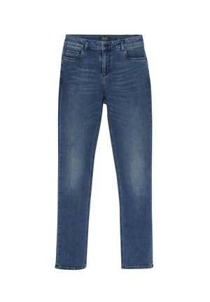 Jeans en denim bleu avec une coupe droite, arborant un design classique à cinq poches et un léger délavage sur le devant pour ajouter de la texture.