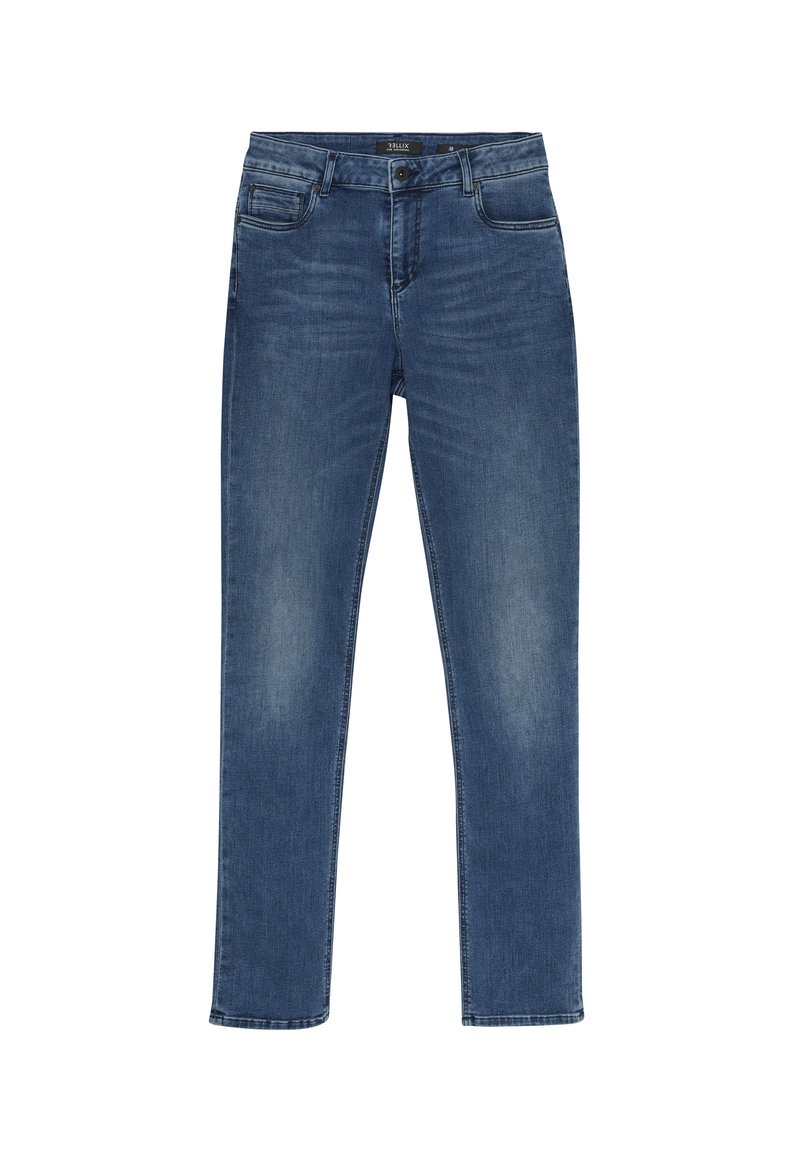 Niebieskie dżinsy o prostym kroju nogawki, z klasycznym pięciopieczęciowym wzorem i delikatnym wyblaknięciem z przodu dla nadania faktury.
