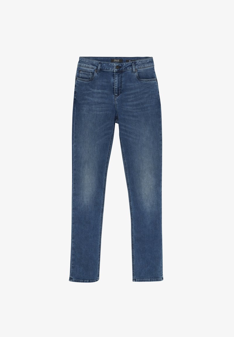 Niebieskie dżinsy o prostym kroju nogawki, z klasycznym pięciopieczęciowym wzorem i delikatnym wyblaknięciem z przodu dla nadania faktury.