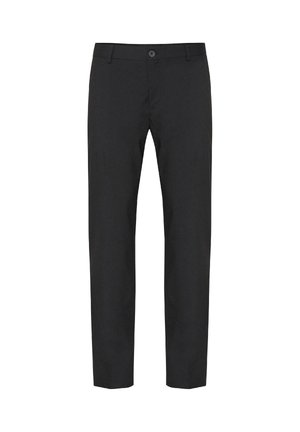 Mustat suorat housut, valmistettu sileästä kankaasta, kapealahkeiset, edessä litteä malli napin sulkemisella, ilman näkyviä taskuja. Klassinen ulkonäkö.