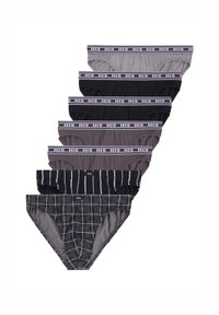 Sechs Paare von Herrenunterhosen in Grautönen und Schwarz. Mit elastischem Bund mit dem Text "HIS". Zwei Paare haben gestreifte und karierte Muster.