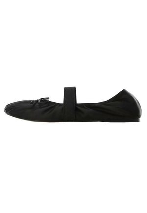 Black flat shoe made of soft material, featuring a wide strap across the instep, a rounded toe, and a minimalist design.