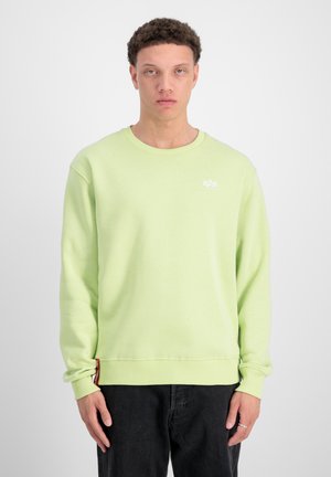 Lichtgroene crewneck sweatshirt met ribgebreide boorden en onderrand; heeft een klein wit logo op de borst. Gemaakt in combinatie met donkere jeans.