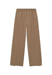 Pantalon à jambes larges en tissu marron doux, avec une ceinture élastique et des poches latérales, une texture lisse et une coupe ajustée.
