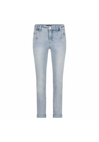 Jean en denim bleu clair avec une coupe slim, doté d'un bouton de fermeture, de cinq poches et de ourlets roulés à la cheville.