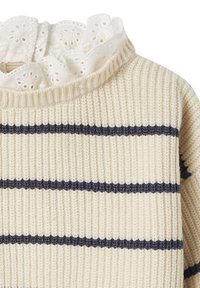 Strickpullover mit cremiger Basis und dunkelblauen Streifen. Mit einem weißen Spitzenkragen mit Rüschen. Strukturierter Stoff mit geripptem Muster.