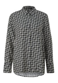 Black button-up shirt featuring a geometric white pattern, long sleeves, a classic collar, and a curved hemline for a relaxed fit.