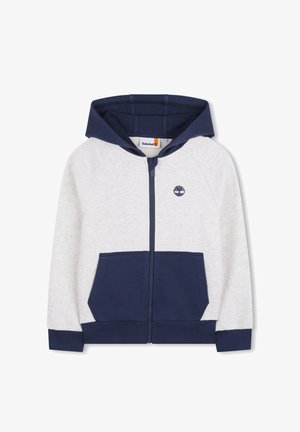 Sweat à capuche zippé bleu marine et gris avec manches raglan, doté d'une poche avant, d'un logo de marque et d'un tissu texturé. Finition lisse, matériau confortable.
