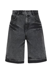 Shorts en denim noir taille haute avec poches avant, passants pour ceinture, fermeture par bouton et texture légèrement délavée.
