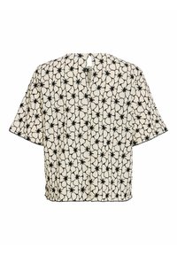Blouse blanche manches courtes avec motif floral abstrait noir et petite ouverture en forme de trou de serrure dans le dos avec fermeture par bouton.
