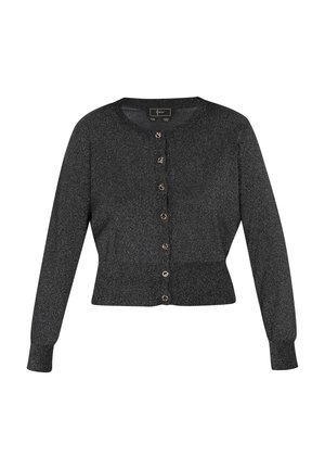 Musthave musterlane kardigan, millekaela, pikad varrukad ja läikiv tekstuur. Esifaasidel on roosakuldne nuppude rida ja kere on kitsendatud.