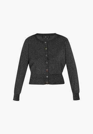 Musthave musterlane kardigan, millekaela, pikad varrukad ja läikiv tekstuur. Esifaasidel on roosakuldne nuppude rida ja kere on kitsendatud.