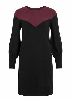 Black knitted dress with a maroon triangular yoke, round neckline, and long puffed sleeves. Ribbed cuffs and smooth texture.